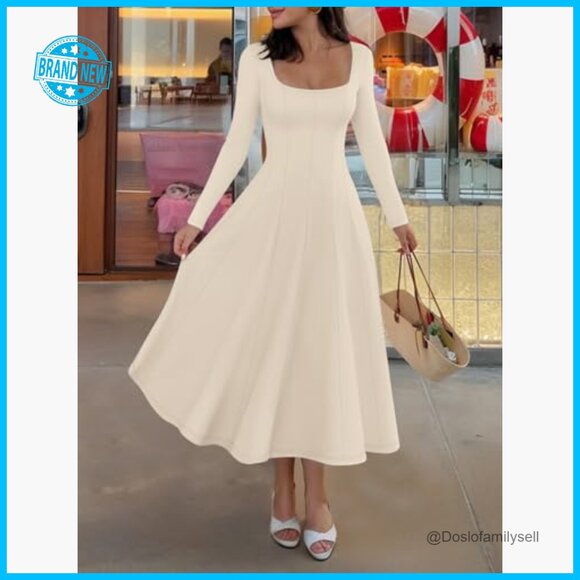 Elegant Square Neck Midi Dress Long Sleeve High Waist Flowy Cocktail Party - Picture 5 of 7